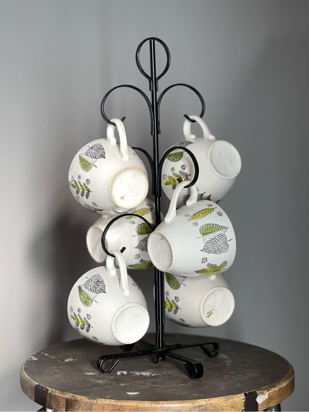 Vintage Ceramic White Tea Cups with Green Leaf Pattern - Black Metal Mug Tree